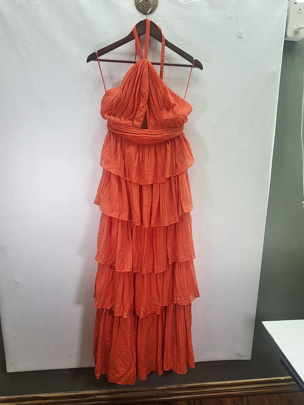 Olivaceous Orange Ruffle Tiered Halter Maxi Dress Sz S Open Back Event Cruise NW - Picture 15 of 15